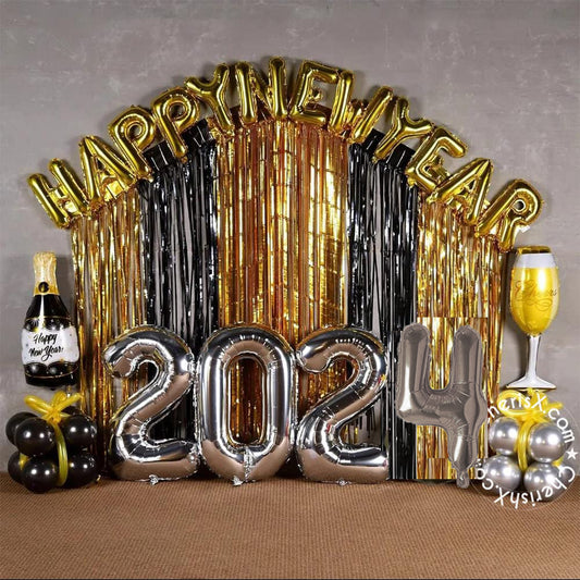 Black and Golden Happy New Year 2024 Foil Balloon Kit DIY Decoration Party Kit - Pack of 39 Pcs