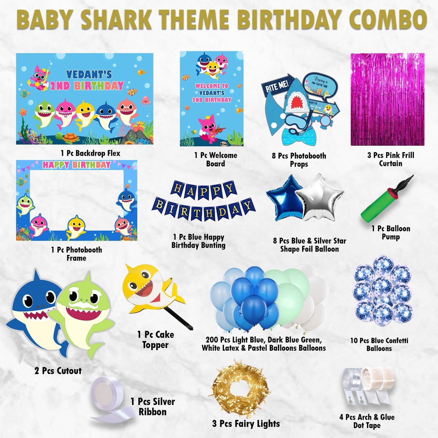 Baby Shark theme Combo Birthday Kit - Gold - CherishX Partystore
