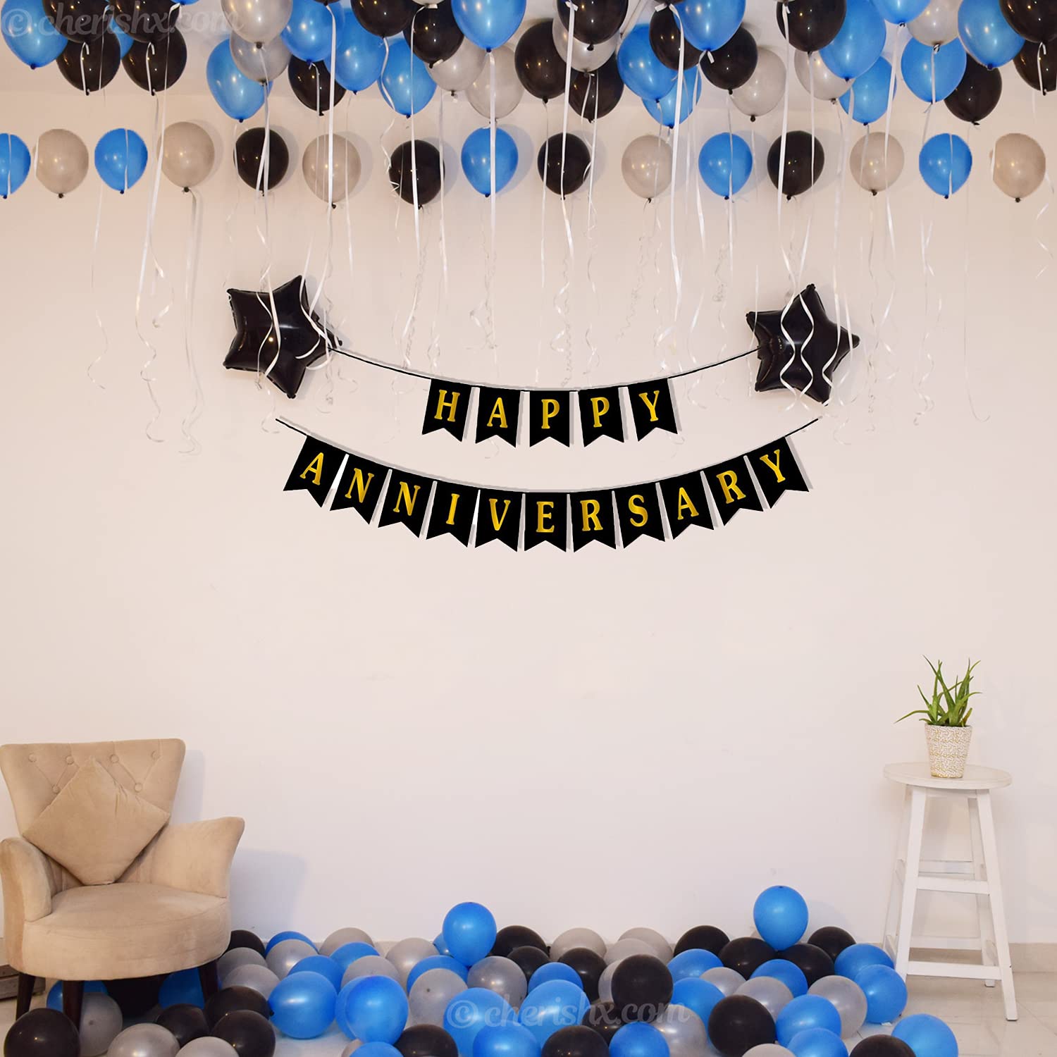 Happy Anniversary Decoration Blue Black 49 Pcs Decoration