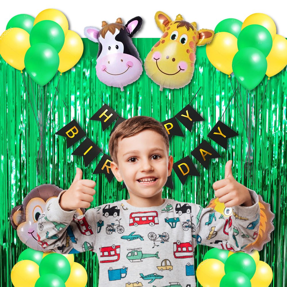 Jungle Theme Party Decoration Items for Kids Birthday - Pack of 29 Pcs - Bunting, Frill Curtain, Animal Face Foil Balloons - Decorating Items For Birthday Party freeshipping - CherishX Partystore