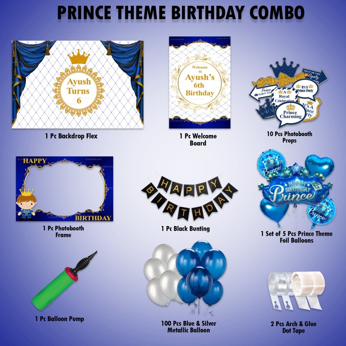 1st Birthday Party Decoration Baby Boy, First Birthday Blue Royal Prince Theme  Party Supplies, Happy Birthday Banner, Crown Balloons,Blue Metallic Latex  Balloons 