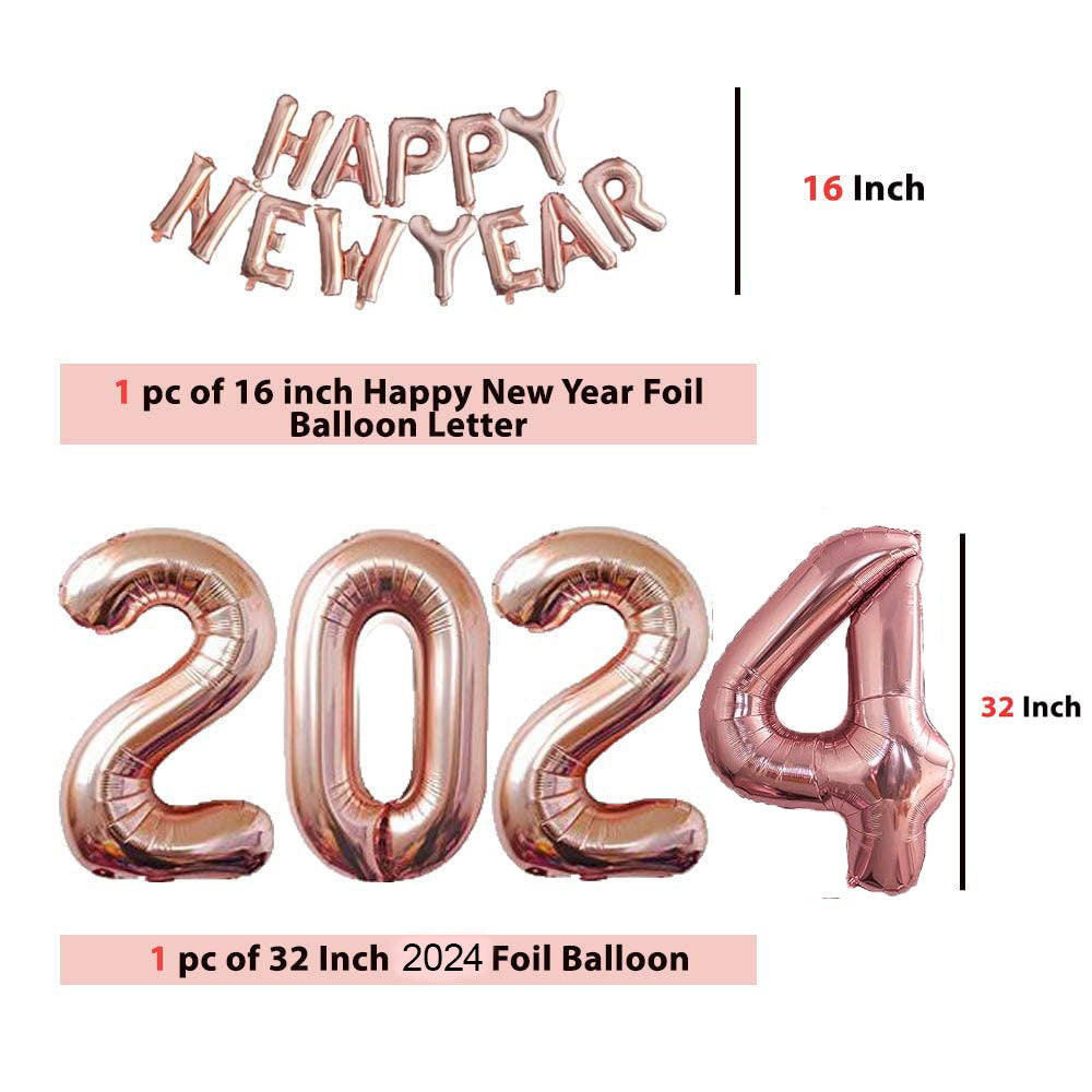 Rose Gold Happy New Year 2024 Foil Balloon DIY Decoration Kit with Big 2024 Digits (16 pcs)