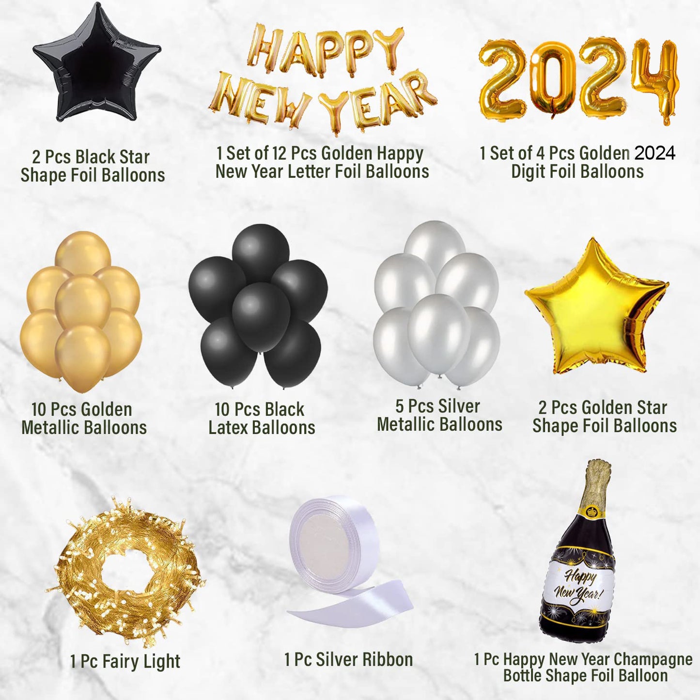 Black and Gold New Year Decoration Items - Pack of 48 Pcs - Happy New Year 2024 Foil, Star Shape, Light, Star Shape, Champagne Bottle, Metallic & Latex Balloons for Room Decoration