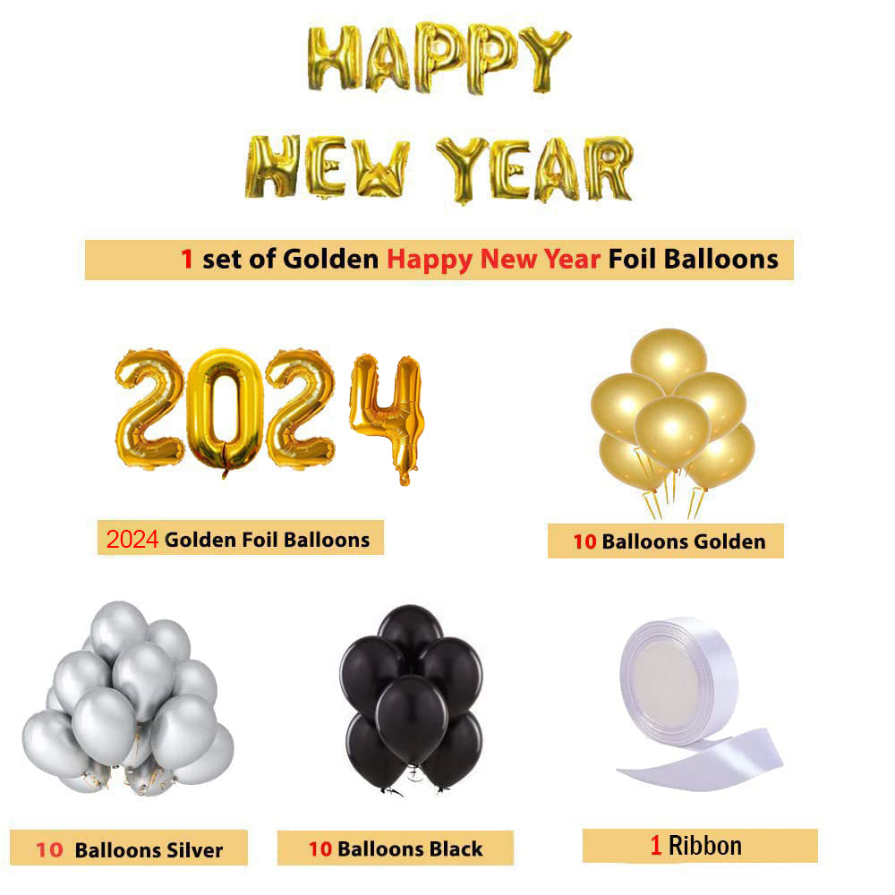 Golden Happy New Year 2024 Foil Balloon Kit DIY Decoration Party Kit - 47 Pcs