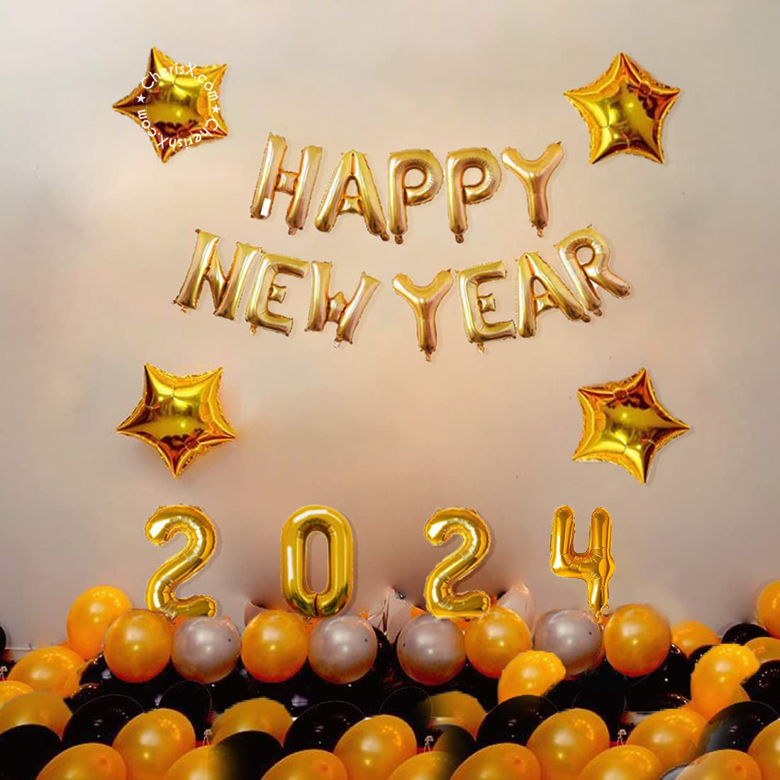 Golden Happy New Year 2024 Foil Balloon Kit DIY Decoration Party Kit - 81 Pcs
