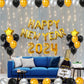 Black and Gold New Year Decoration Items - Pack of 48 Pcs - Happy New Year 2024 Foil, Star Shape, Light, Star Shape, Champagne Bottle, Metallic & Latex Balloons for Room Decoration