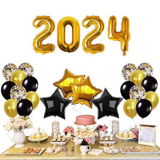 Black & Golden New Year Decoration Items - 30 Pcs Combo - Letter Foil, Star Shape Foil, Confetti, Metallic & Latex Balloons for Home Deocration Party