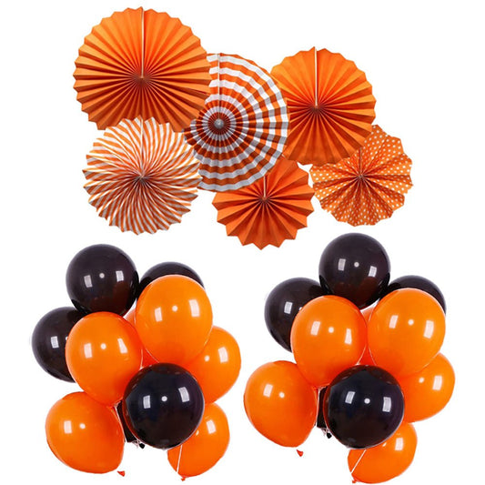 16 Pcs Halloween Decoration - Orange Paper Rosette, Black & Orange Latex Balloons - CherishX Partystore