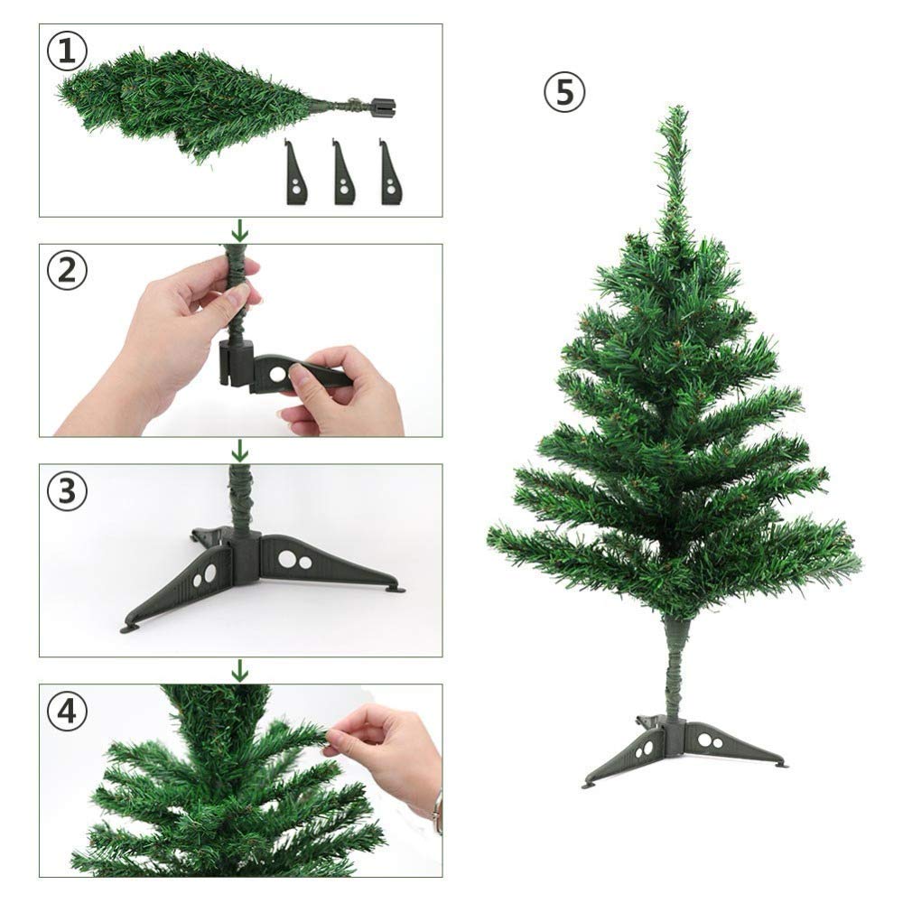 2 FT Non Pine Christmas Tree with Decorations -21 Pcs Combo- Green Color- Small Xmas Tree DIY Kit - CherishX Partystore