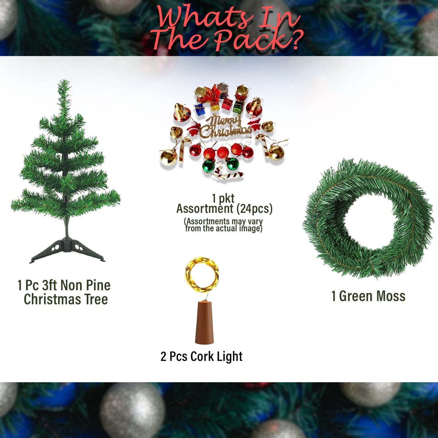 3FT Christmas Non Pine Tree- 28 Pcs DIY Combo- Green Color- Christmas Tree Decoration Items - CherishX Partystore