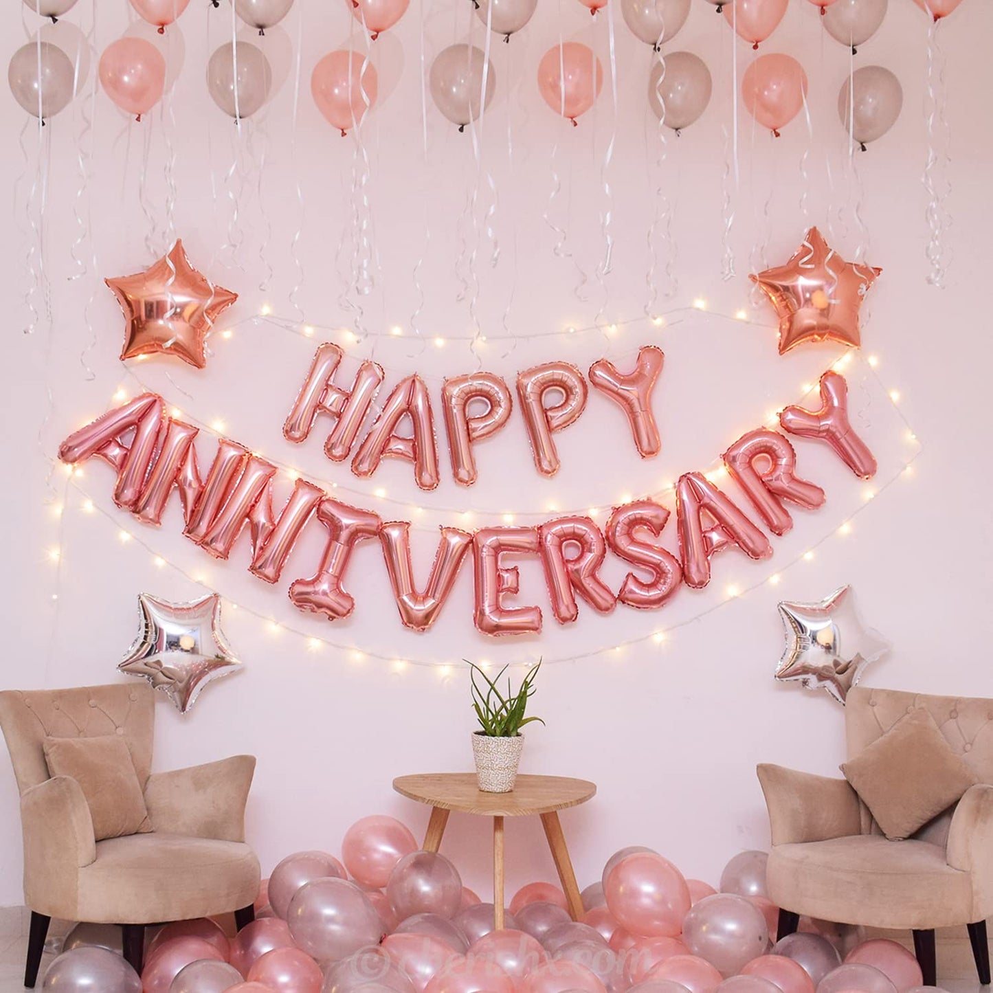 Anniversary Decorations For Home Set - Pack of 42 Pcs - Happy Anniversary Foil, Fairy Light, Star Shape Foil & Metallic Balloons - Happy Anniversary Decoration - CherishX Partystore