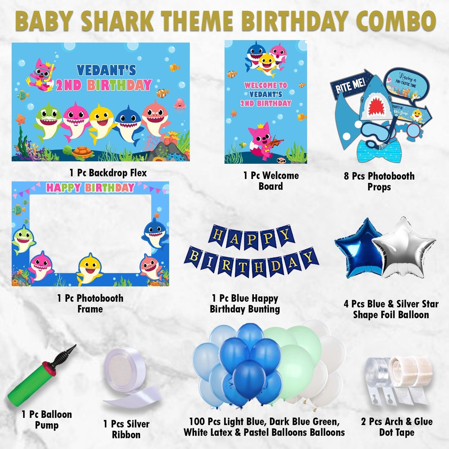 Baby Shark theme Combo Birthday Kit - Silver - CherishX Partystore