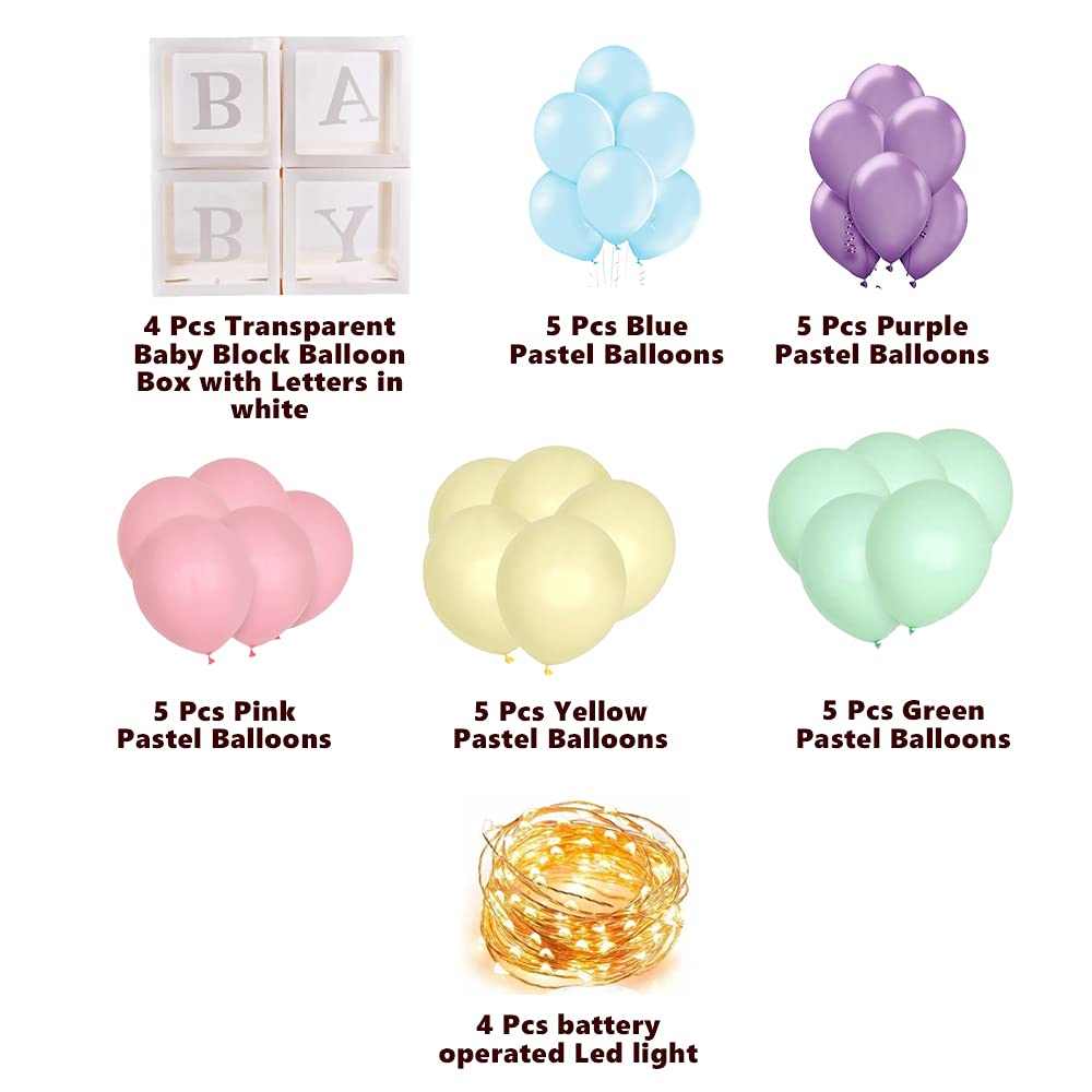 Baby Surprise Transparent Cube Balloon Boxes Decoration-Pack of 33 Pcs- Multicolor Pastel Balloons with LED - CherishX Partystore