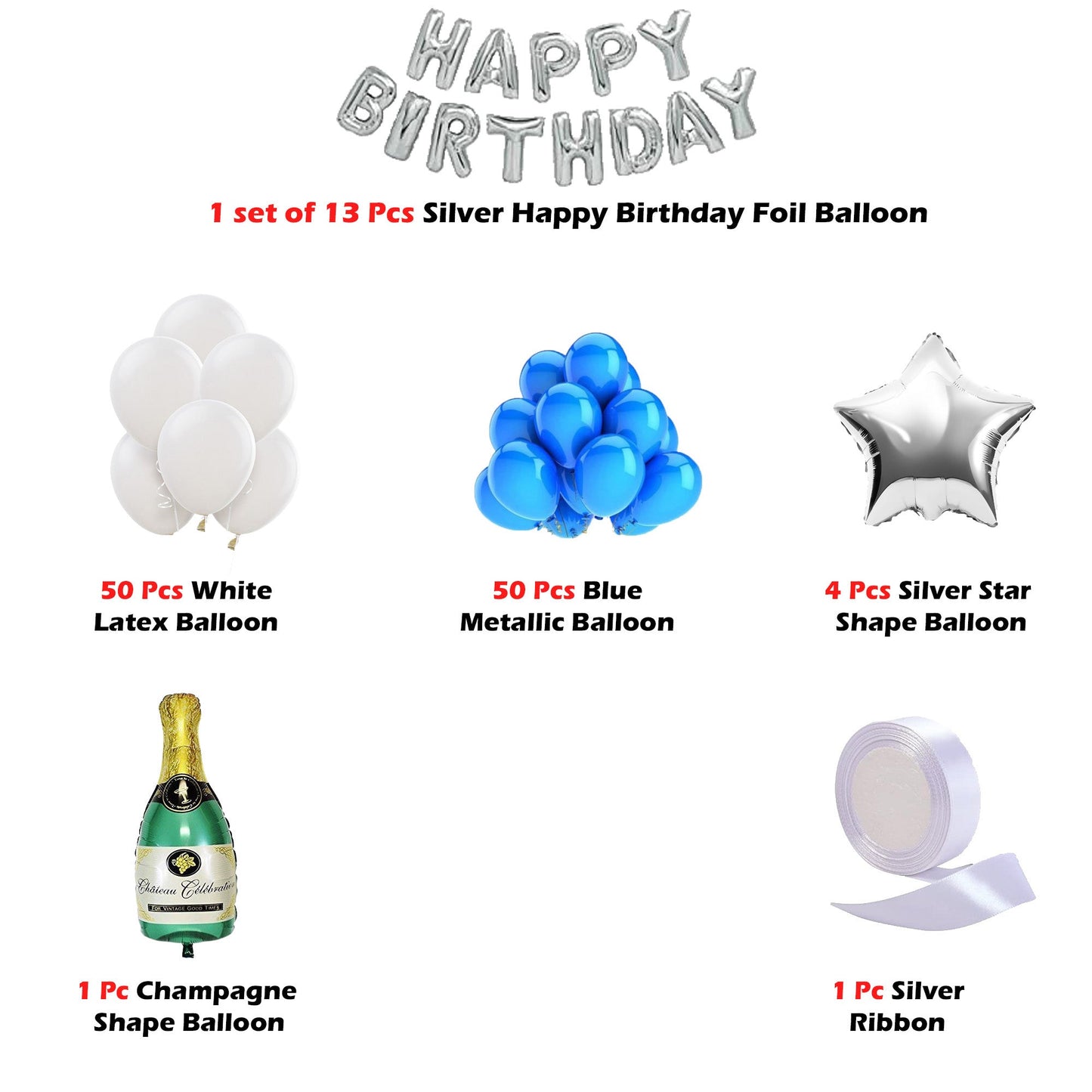 Birthday Balloon Decoration Kit - Pack Of 119 Pcs Blue & Silver DIY Kit - CherishX Partystore