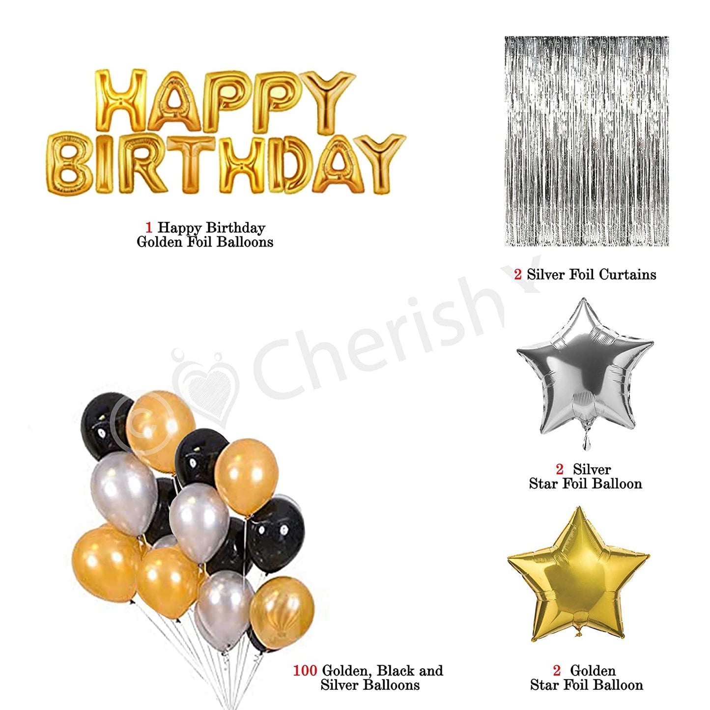 Birthday Decoration Kit - Pack of 119 Pcs - Black & Golden DIY Kit - CherishX Partystore
