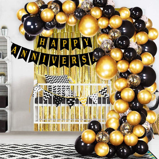 Black & Golden Anniversary Decoration Items for Home - 73 Pcs Combo - Banner, Foil Curtain, Confetti and Metallic Balloons - CherishX Partystore