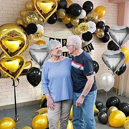 Black & Golden Balloon Decoration for Anniversary - 48 Pcs Combo - Happy Anniversary Banner, Heart Foil Balloon for 1st, 5th, 25th Room Decoration, Wedding Anniversary - CherishX Partystore