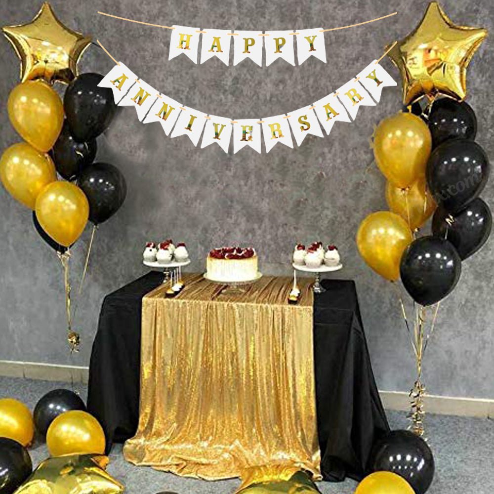 Black & Golden Happy Anniversary Decoration Kit - Pack of 26 Pcs - White Banner, Star Shape Foil & Metallic Balloons Wall Decoration - CherishX Partystore