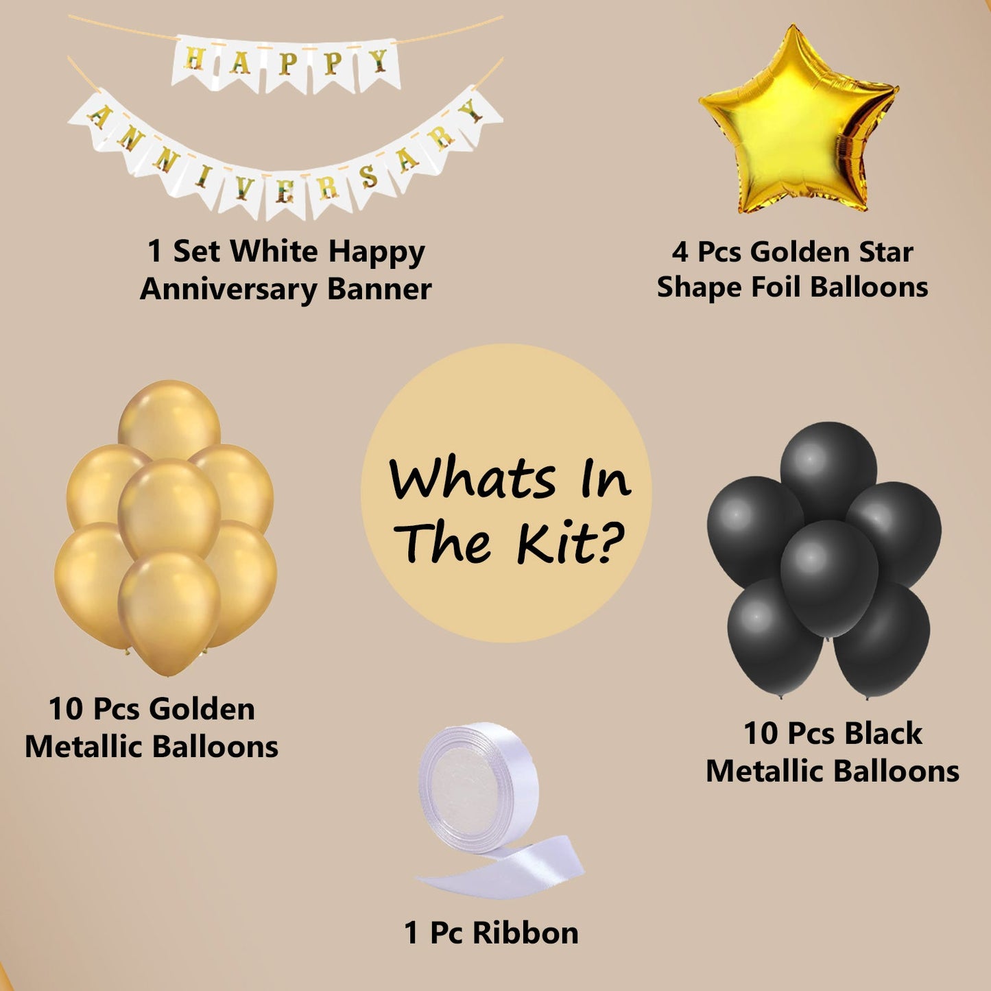 Black & Golden Happy Anniversary Decoration Kit - Pack of 26 Pcs - White Banner, Star Shape Foil & Metallic Balloons Wall Decoration - CherishX Partystore