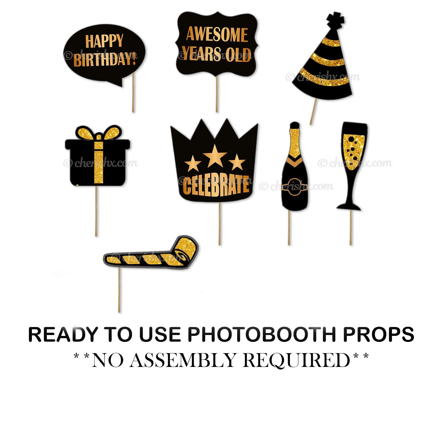 Black & Golden Happy Birthday Photo Booth Party Props - CherishX Partystore