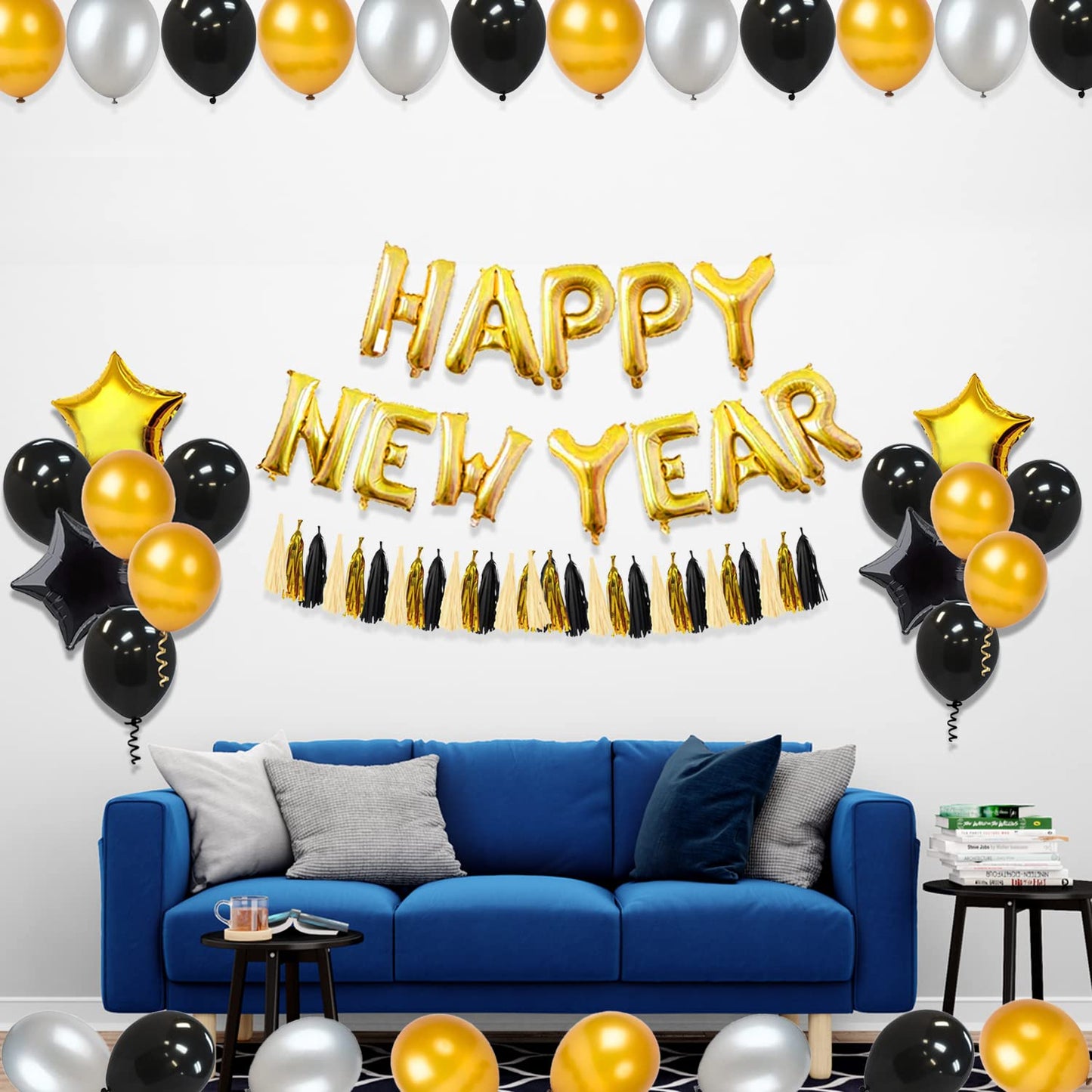 Black & Golden Happy New Year Decoration - Pack of 43 Pcs - New Year Foil, Star Shape Foil, Tassle, Metallic & Latex Balloons For House Party - CherishX Partystore