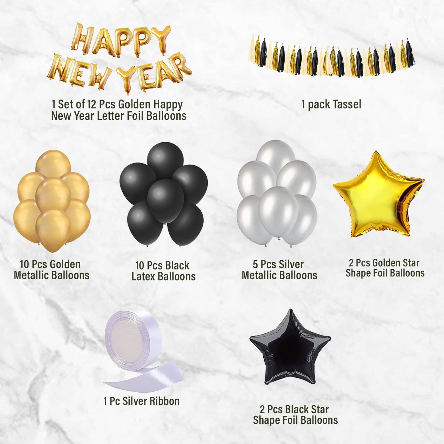 Black & Golden Happy New Year Decoration - Pack of 43 Pcs - New Year Foil, Star Shape Foil, Tassle, Metallic & Latex Balloons For House Party - CherishX Partystore