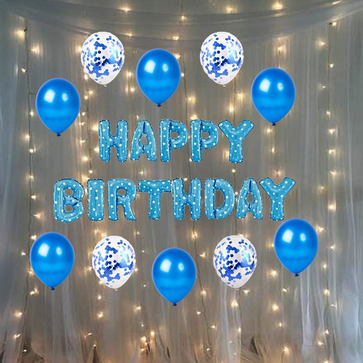 Blue Birthday Party Decoration Items for adults – Pack of 30 Pcs – Happy Birthday Foil, Fairy Light, Confetti & Metallic Balloons - CherishX Partystore