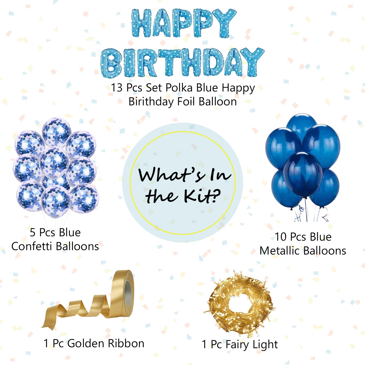 Blue Birthday Party Decoration Items for adults – Pack of 30 Pcs – Happy Birthday Foil, Fairy Light, Confetti & Metallic Balloons - CherishX Partystore