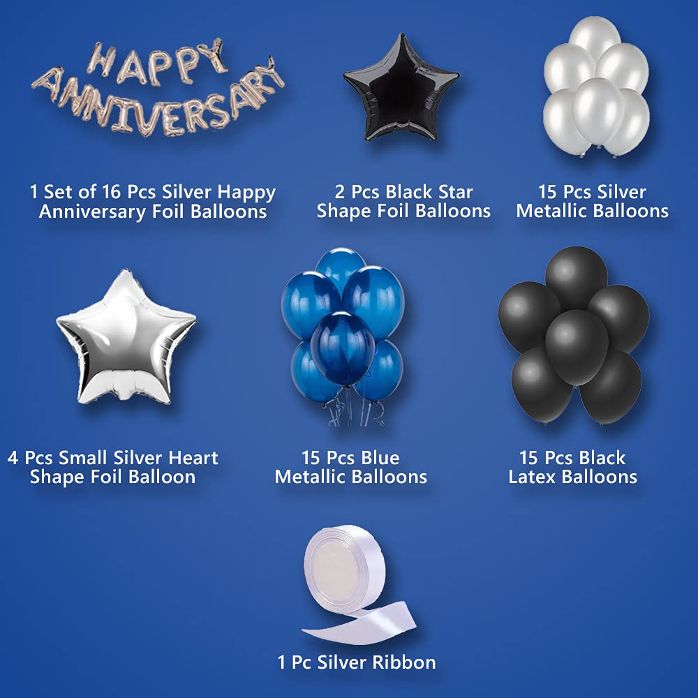 Blue & Black Anniversary Decoration For Home - 68 Pcs Combo - Happy Anniversary Foil, Star Shape Foil & Metallic Balloons - Background Decoration Items - CherishX Partystore