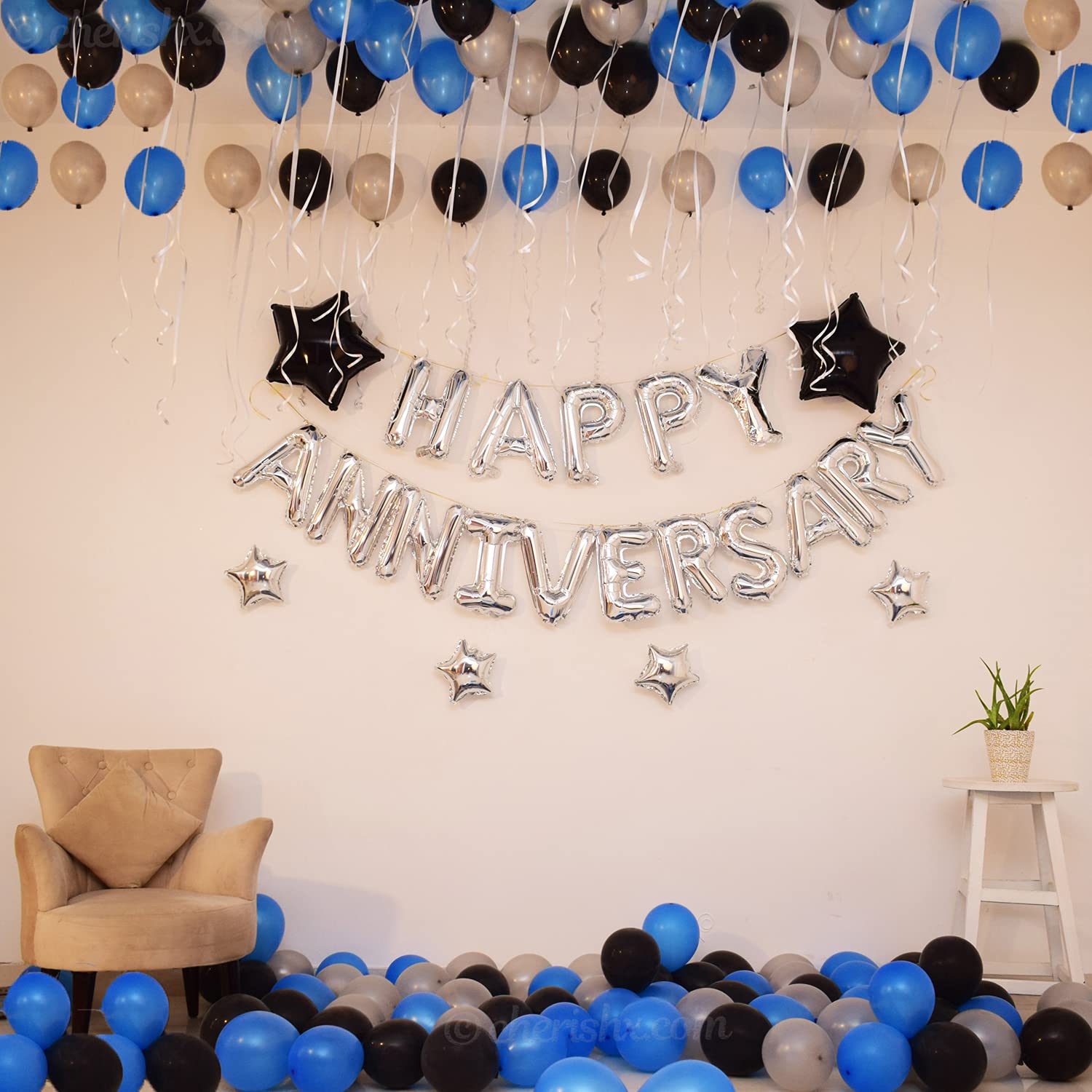 Blue & Black Anniversary Decoration For Home - 68 Pcs Combo - Happy Anniversary Foil, Star Shape Foil & Metallic Balloons - Background Decoration Items - CherishX Partystore
