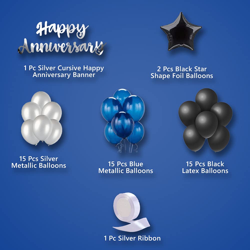 Blue & Black Anniversary Decoration Items - Pack of 49 Pcs - Cursive Bunting, Star Shape Foil Balloon & Metallic Balloons - Anniversary Surprise - CherishX Partystore