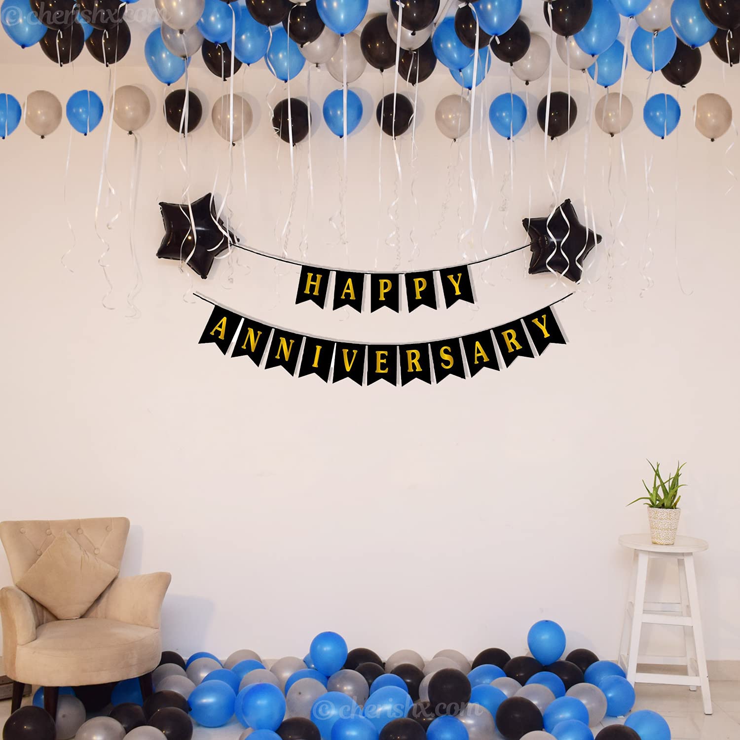 Blue & Black Happy Anniversary Decoration Items For Room - Pack of 49 Pcs - Bunting, Star Shape Foil & Metallic Balloons - Wall Backdrop Decoration - CherishX Partystore