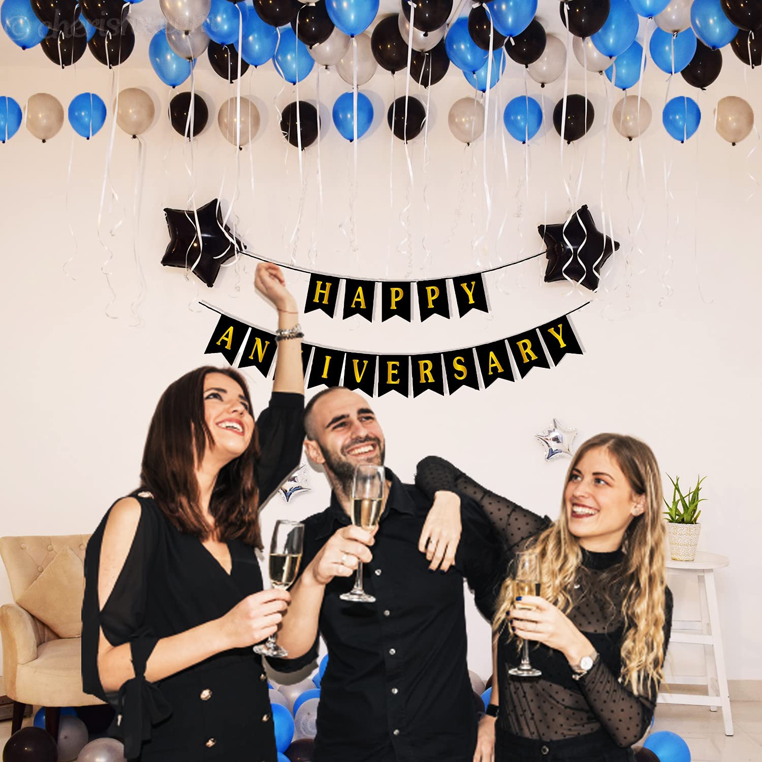 Blue & Black Happy Anniversary Decoration Items For Room - Pack of 49 Pcs - Bunting, Star Shape Foil & Metallic Balloons - Wall Backdrop Decoration - CherishX Partystore
