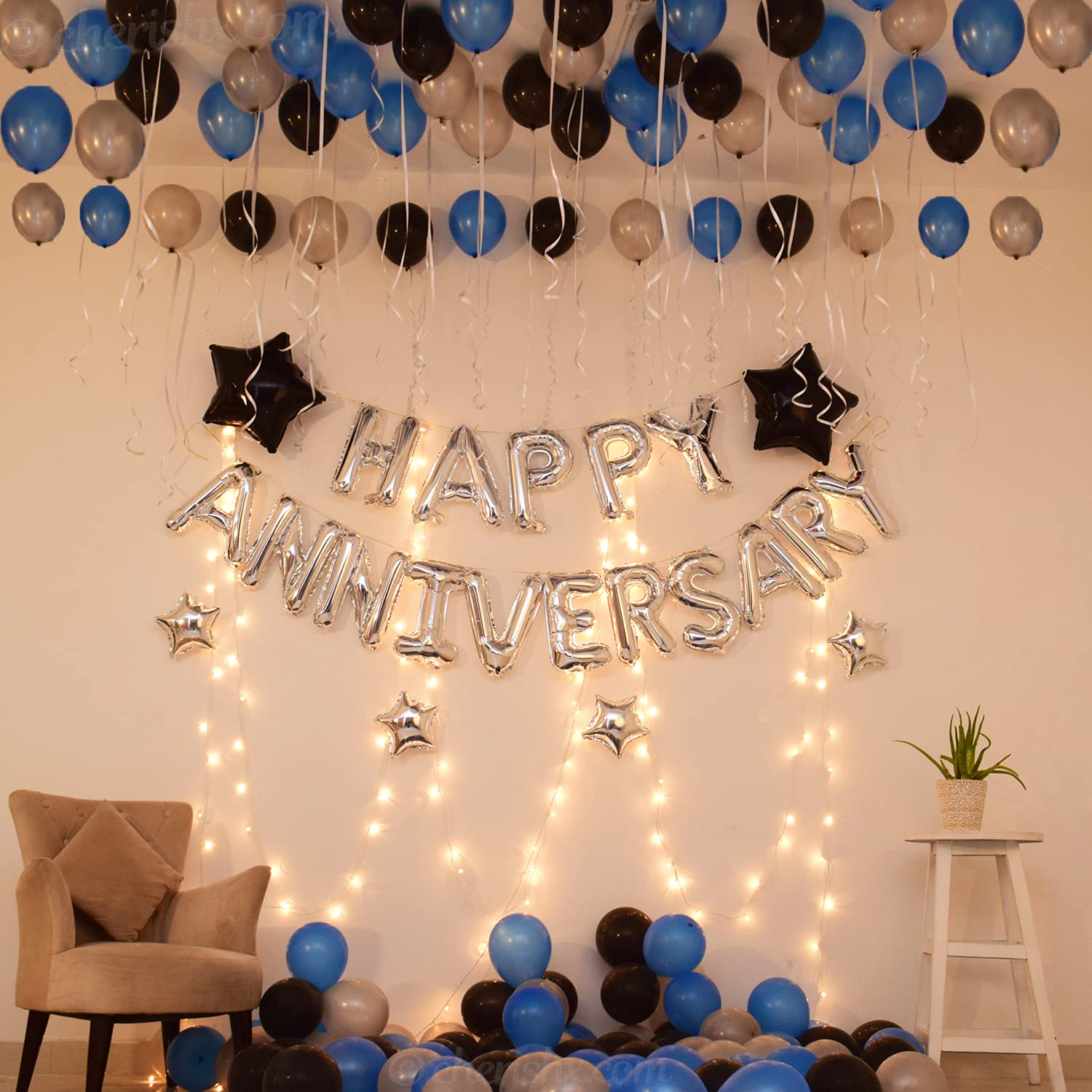 Blue & Black Happy Wedding Anniversary Decoration Kit - 69 Pcs Combo - Happy Anniversary Foil, Star Shape Foil, & Metallic Balloons, Fairy Light - Bedroom Decoration Items - CherishX Partystore