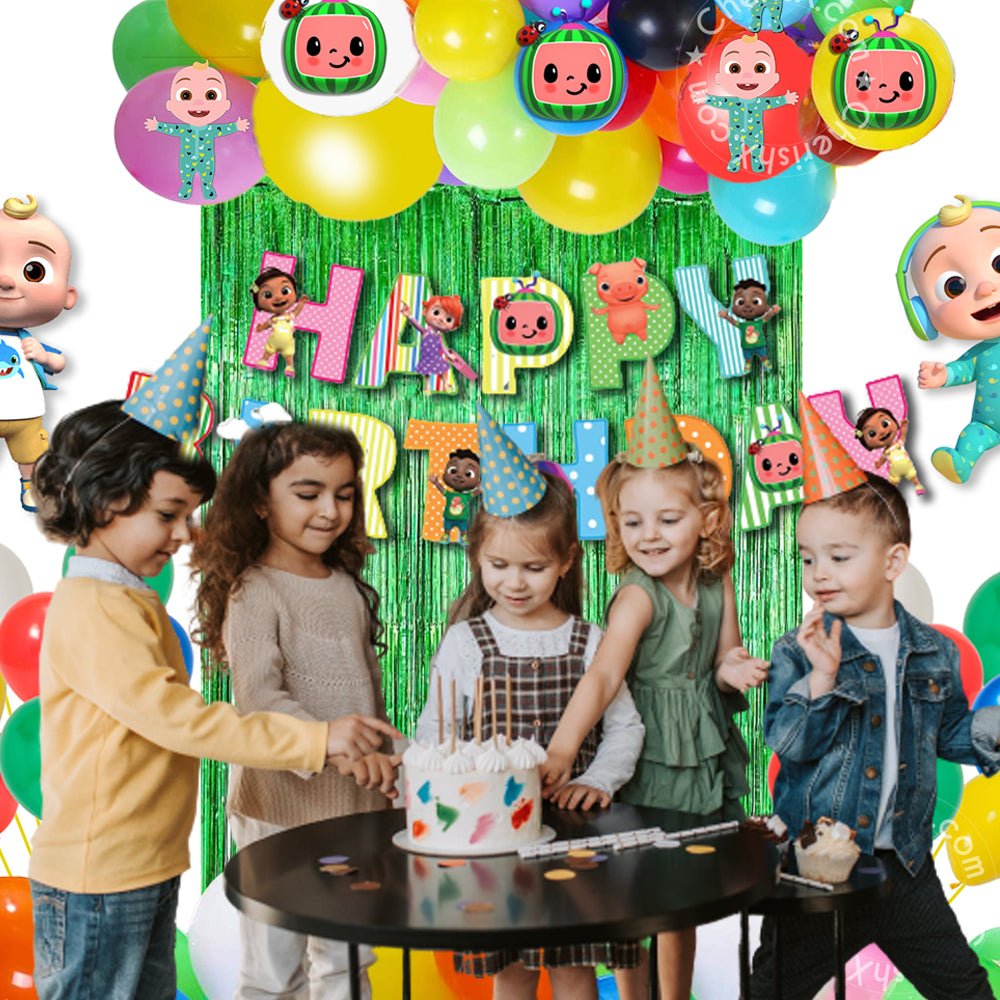 Cocomelon Theme Party Decoration Items for Kids Birthday - Pack of 57 Pcs - Bunting, multicolor balloons - Green Curtain freeshipping - CherishX Partystore