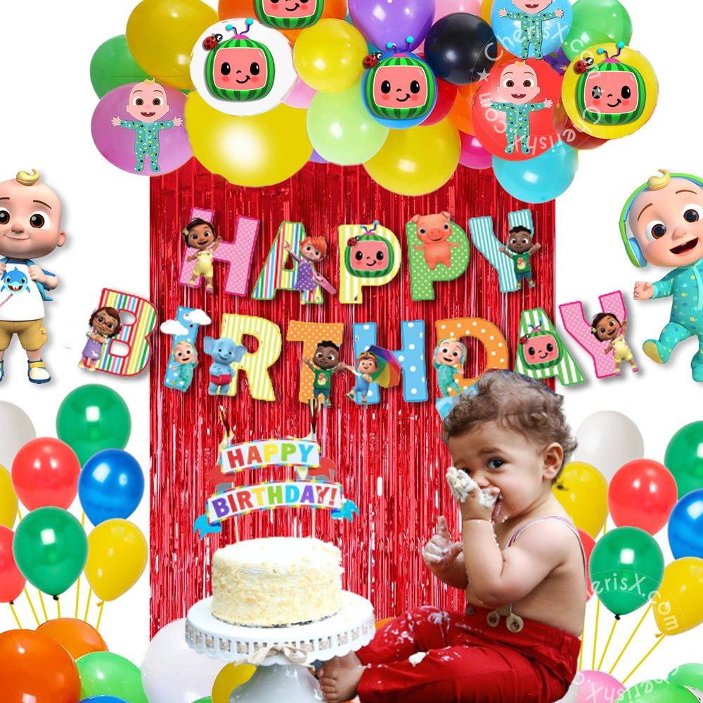 Cocomelon Theme Party Decoration Items for Kids Birthday - Pack of 57 Pcs - Bunting, multicolor balloons - Red Curtain freeshipping - CherishX Partystore