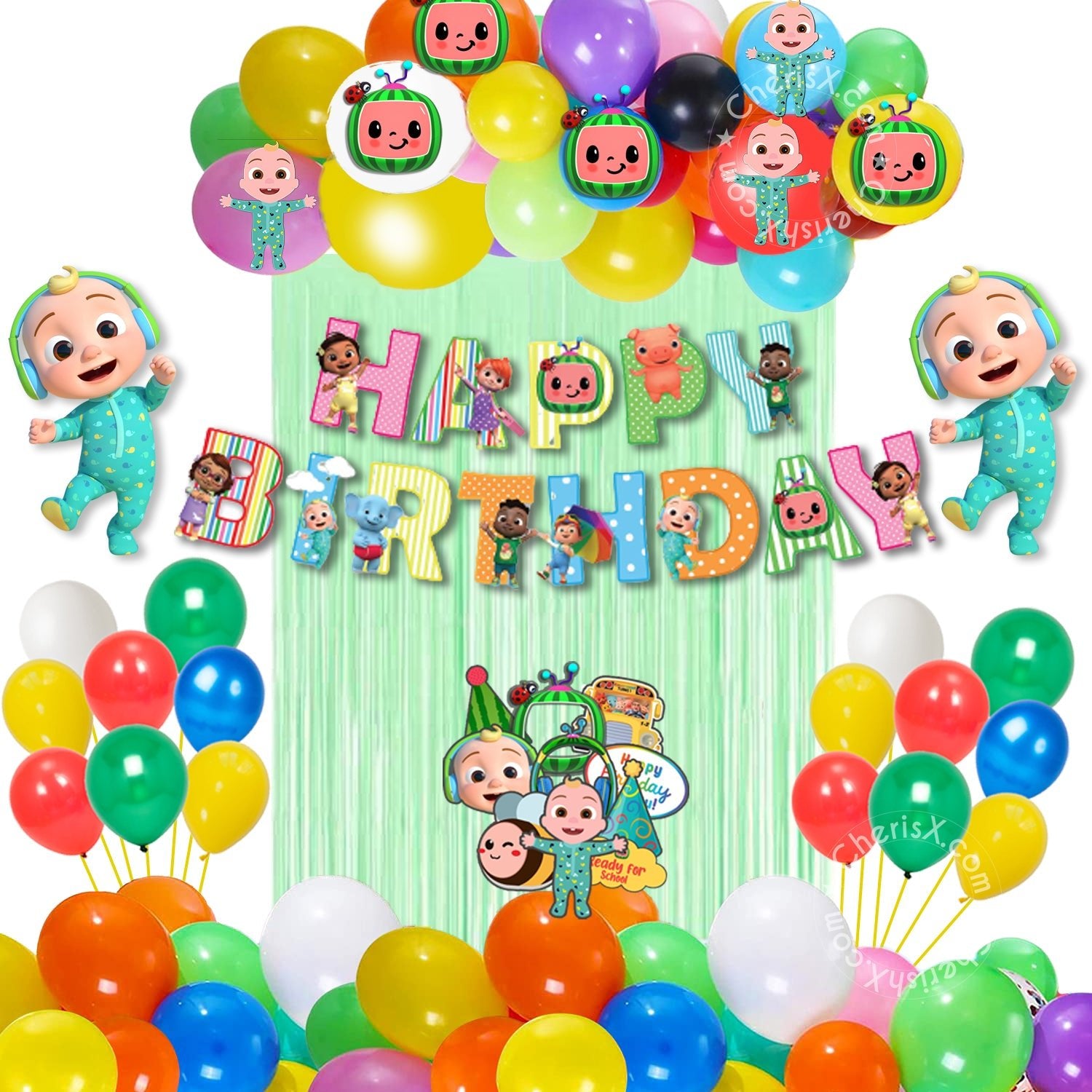 Cocomelon Theme Party Decoration Items for Kids Birthday - Pack of 67 Pcs - Bunting, multicolor balloons - Green Pastel & Photo props freeshipping - CherishX Partystore