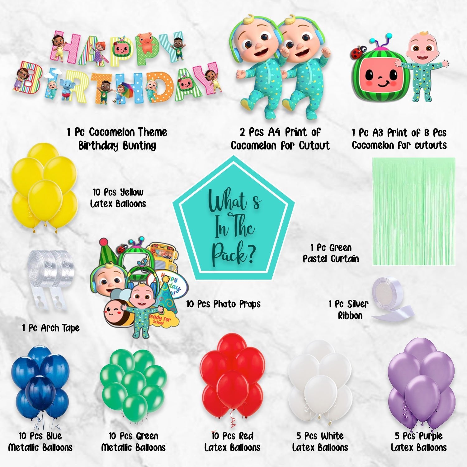 Cocomelon Theme Party Decoration Items for Kids Birthday - Pack of 67 Pcs - Bunting, multicolor balloons - Green Pastel & Photo props freeshipping - CherishX Partystore