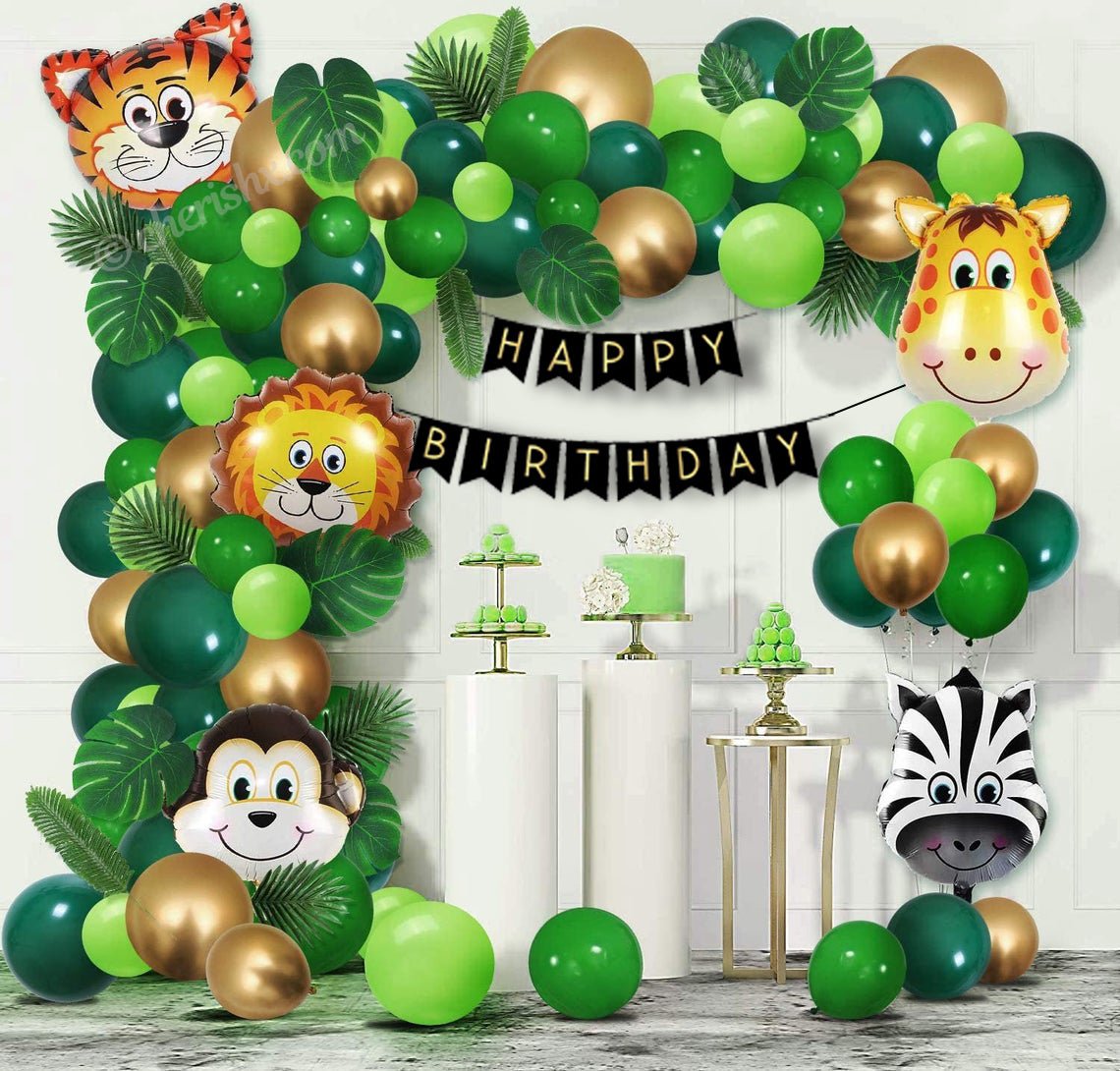 Forest Theme Birthday Party Decorations For Kids - 77 Pcs Combo - Bunting Animal Face Shape Foil, Chrome Balloons - Jungle Theme freeshipping - CherishX Partystore