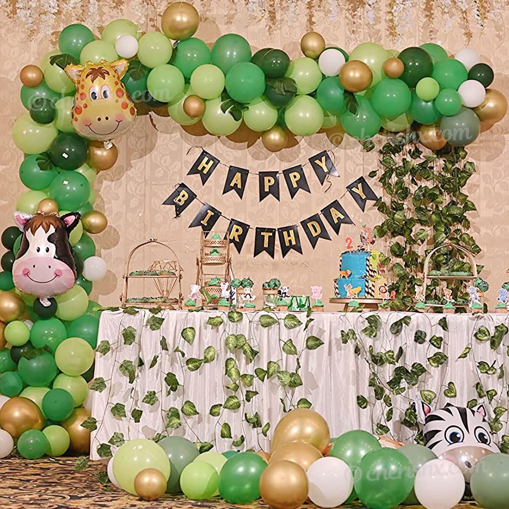 Forest Theme Birthday Party Decorations For Kids - 85 Pcs Combo - Bunting Animal Face Shape Foil, Artificial Leaf, Arch tape - Jungle Theme Birthday Decoration for Boy or Girl freeshipping - CherishX Partystore