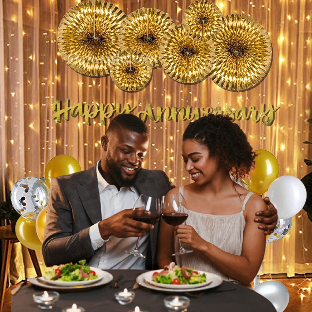 Golden Anniversary Celebration Decorations Set - 40 Pcs Pack - Happy Aninversary Banner, Paper Rosette, Balloon Stand, Fairy Light for Decoration and Metallic Balloons for Bedroom Decoration - CherishX Partystore