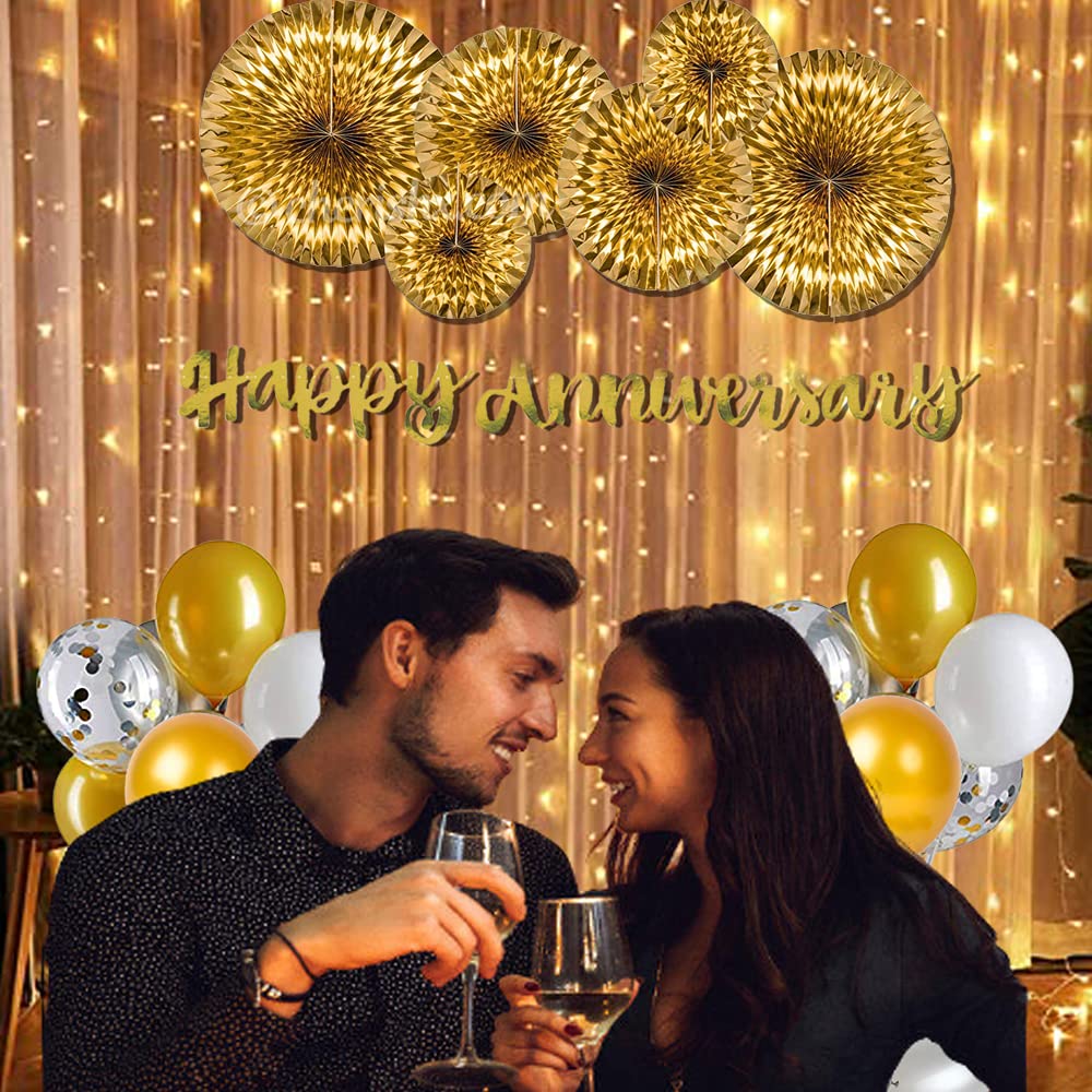 Golden Anniversary Celebration Decorations Set - 40 Pcs Pack - Happy Aninversary Banner, Paper Rosette, Balloon Stand, Fairy Light for Decoration and Metallic Balloons for Bedroom Decoration - CherishX Partystore