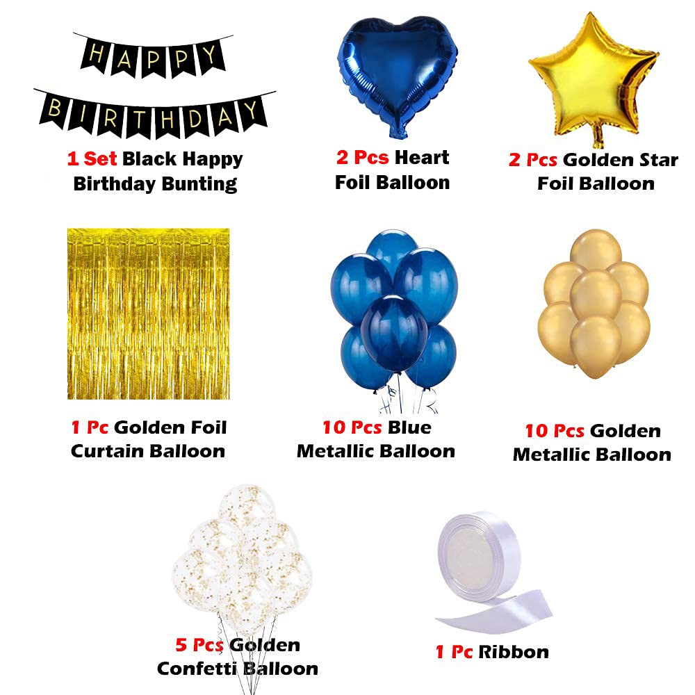 Golden & Blue Happy Birthday Banner Balloon Decorations - Pack of 44 Pcs - CherishX Partystore