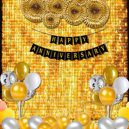 Golden Happy Anniversary Decoration Items With Lights Kit Combo For Home - 40 Pcs - Paper Rosette, Cursive Banner, Balloon Stand, Metallic Balloons - Anniversary Celebration freeshipping - CherishX Partystore