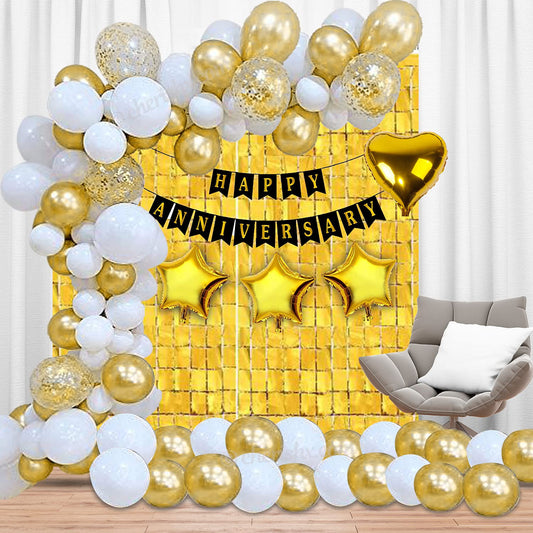 Golden & White Anniversary Decoration Items for Husband - Pack Of 64 Pcs - Anniversary Banner, Square Foil Curtain, Star and Heart Shape Foil and Metallic Balloons, Arch Strip - CherishX Partystore