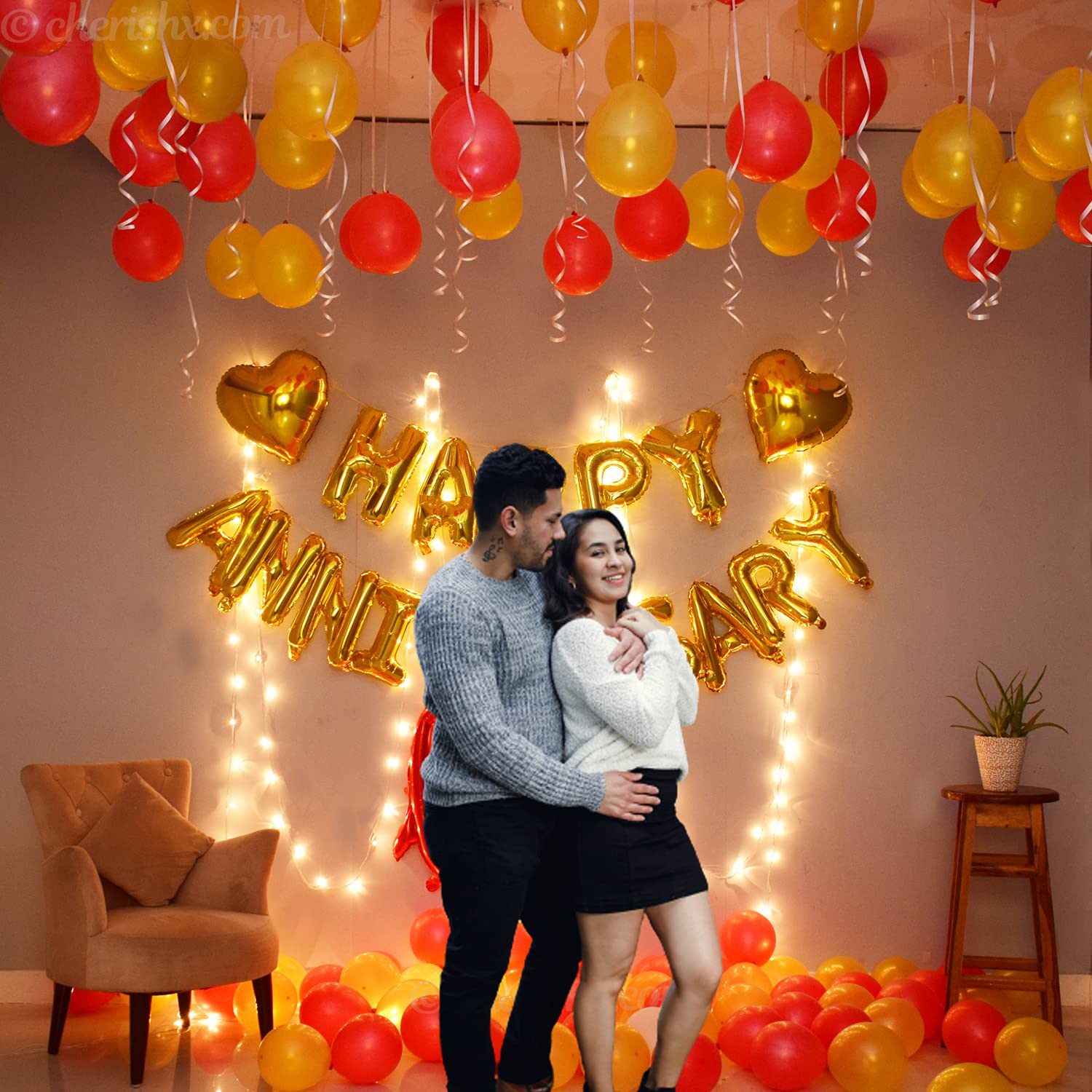 Happy Anniversary Decoration Items With Lights Kit Combo For Home Or Bedroom - Pack Of 61 Pcs - Golden Anniversary, Cursive Love, Heart Foil & Metallic Balloons LED String Light freeshipping - CherishX Partystore