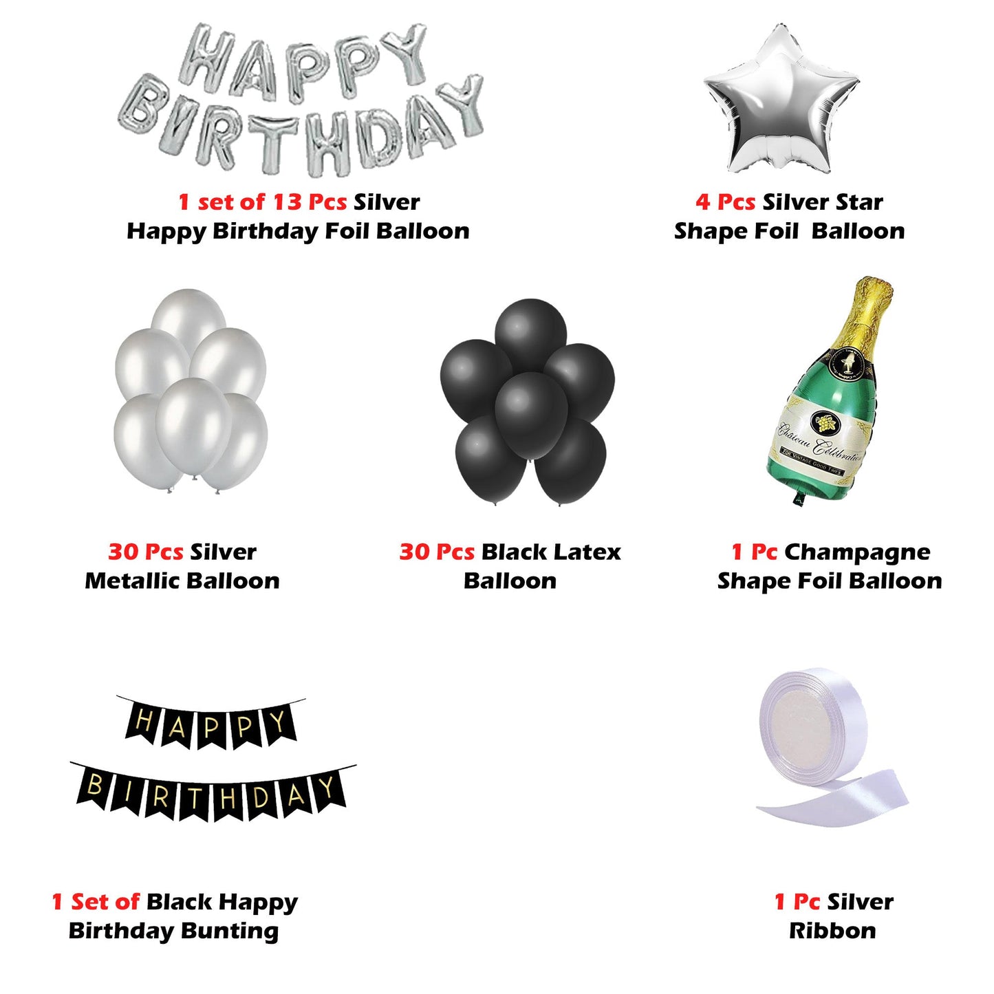 Happy Birthday Balloon Decoration Kit - 80 Pcs Combo - Black & Silver DIY Kit freeshipping - CherishX Partystore