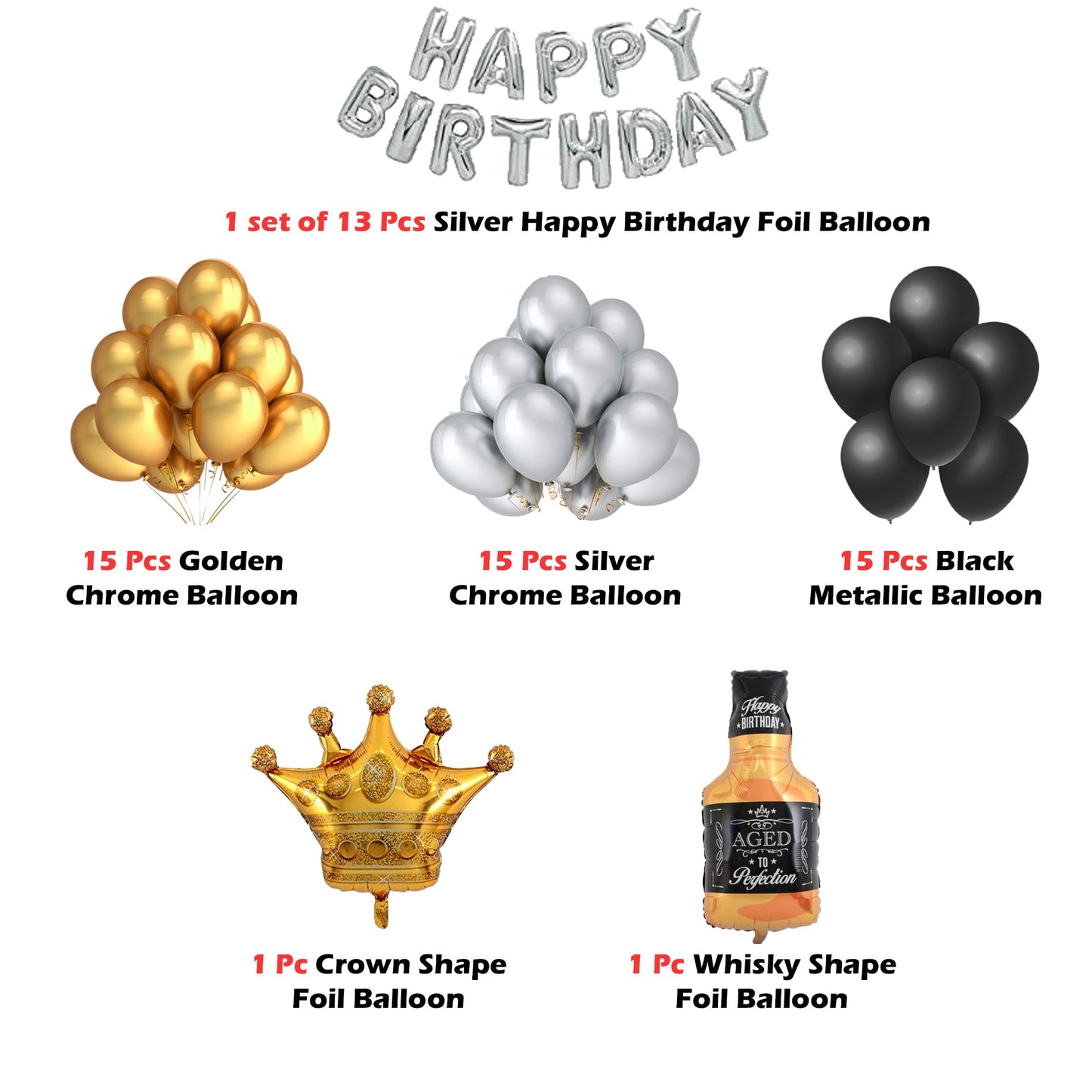 Happy Birthday Kit with Chrome , Crown Star and Whiskey Foil Balloons - Pack of 60 Pcs freeshipping - CherishX Partystore