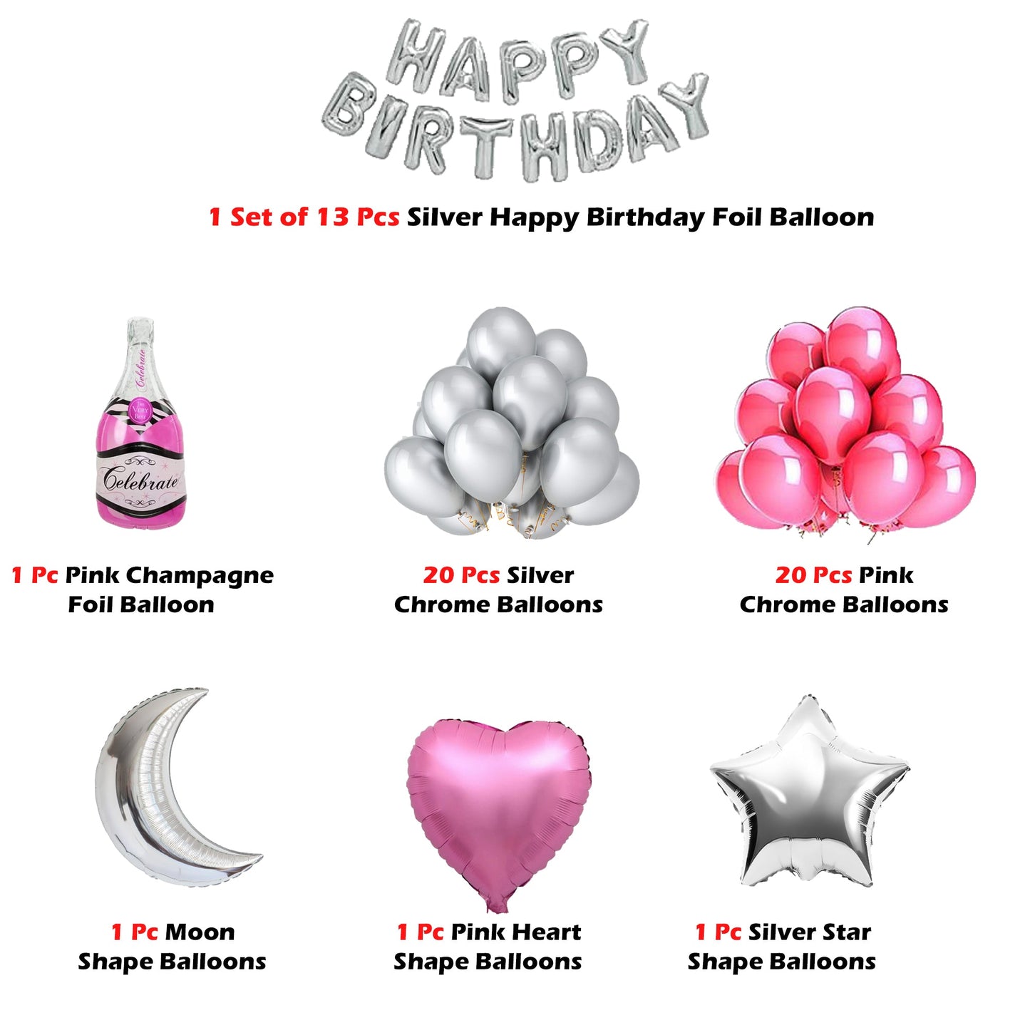 Happy Birthday Kit with Chrome , Moon, Star and Champagne Foil Balloons - 57 Pcs Combo - DIY Kit freeshipping - CherishX Partystore