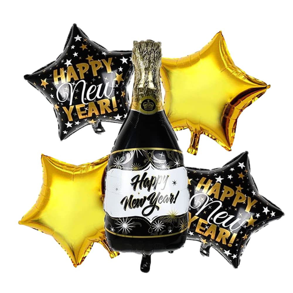 Happy New Year 2022 Black New Year Champagne Foil Balloon Bunch For New Year Party Decoration - Pack of 5 Pcs freeshipping - CherishX Partystore
